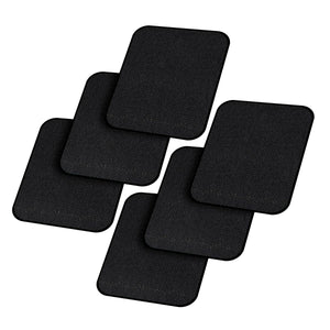 Five black rectangular furniture floor protectors arranged in a cluster