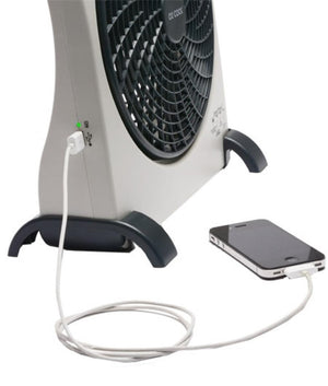 O2 Cool portable fan charging a smartphone via USB cable