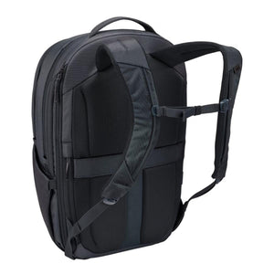 Back view of a black Thule backpack showing padded shoulder straps and mesh back panel