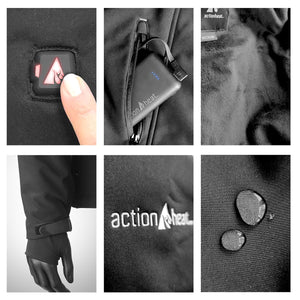 ActionHeat heated jacket features including battery pack, power button, fleece lining, and water resistant fabric