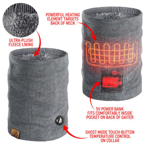 ActionHeat grey heated neck gaiter with fleece lining, heating element, power bank pocket, and touch button control