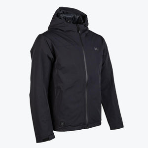 Mobile Warming black hooded heated jacket with front zipper and power button
