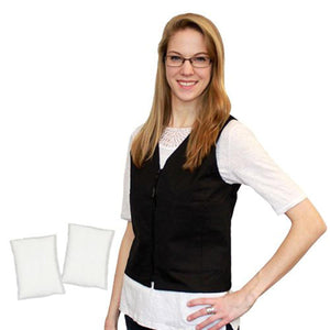 Woman wearing a black Polar Products cooling vest with two white cooling packs