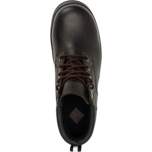 Top view of a brown leather work boot with laces