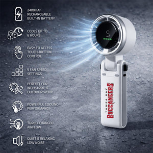 Tampa Bay Buccaneers portable handheld fan with digital display and eight feature icons