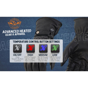 Milwaukee Leather heated glove temperature control settings chart showing high medium and low heat levels