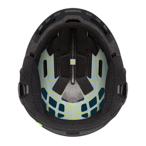 Interior view of a black ski helmet showing protective padding and ventilation mesh