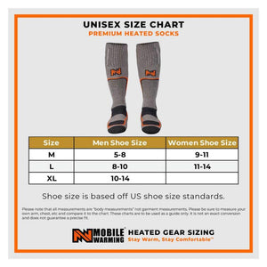 Mobile Warming unisex size chart for premium heated socks showing US shoe size conversions for sizes M L and XL