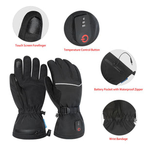 Black heated gloves showing touch screen finger, temperature control button, battery pocket, and wrist strap