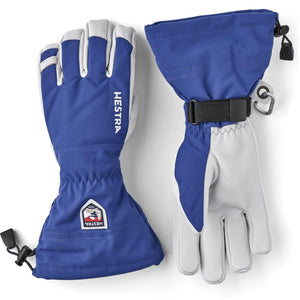 Hestra blue and grey gauntlet ski gloves with adjustable wrist strap and Hestra logo