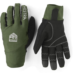 Hestra green and black outdoor gloves with logo branding