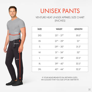 Venture Heat unisex pants size chart showing waist and length measurements in inches for sizes 2XS to 2XL