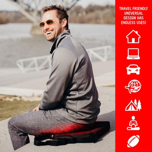 Man sitting on an ActionHeat heated seat cushion with icons for home office car travel camping and sports