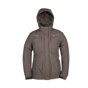 Brown hooded winter jacket with multiple front pockets and velcro cuffs