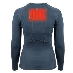 Back view of a blue long sleeve base layer with a glowing red heating element graphic on the upper back