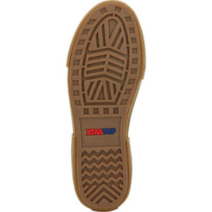 Brown rubber outsole of an Xtratuf shoe with chevron tread pattern