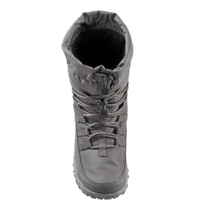 Grey winter boot with drawstring closure and lace up front