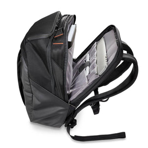 Open black backpack with internal laptop sleeve and organizer pockets