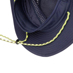 Mission navy blue bucket hat with lime green adjustable chin strap and mesh interior lining