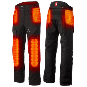 Gerbing heated motorcycle pants showing front and back views with highlighted heating zones