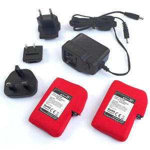 Glovii battery charger set with two red batteries and interchangeable international power adapters