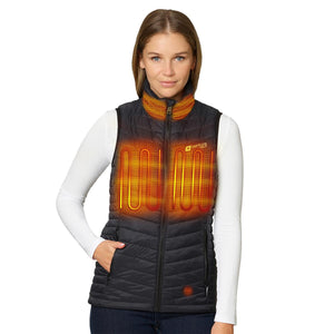 Woman wearing a black Venture Heat heated vest with glowing orange heating elements visible on chest and collar