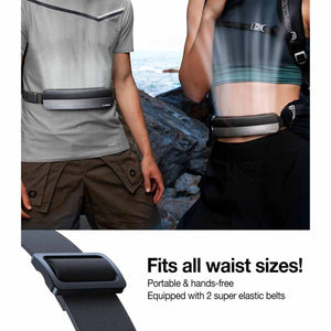 Torras portable waist fan worn by two people with adjustable elastic belt