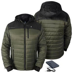 ActionHeat olive green and black hooded puffer jacket with battery pack and charging cable