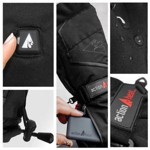 ActionHeat heated glove features including power button, water resistant fabric, and battery compartment