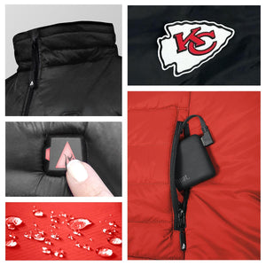 ActionHeat vest features including Kansas City Chiefs logo, power button, battery pack, and water resistant fabric