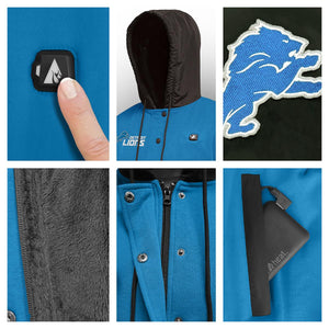 ActionHeat Detroit Lions heated hoodie features power button, team logo, fleece lining, and battery pack