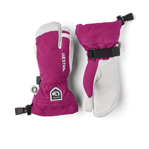 Hestra pink and white three-finger ski mittens with adjustable wrist straps