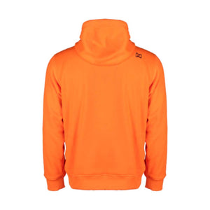 Back view of a bright orange Mobile Warming hooded sweatshirt