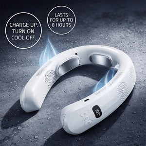 White wearable neck fan with digital display and metallic cooling plates