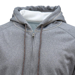 Grey zip up hoodie with white inner lining and braided drawstrings