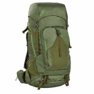 Olive green Kelty internal frame hiking backpack with multiple straps and pockets