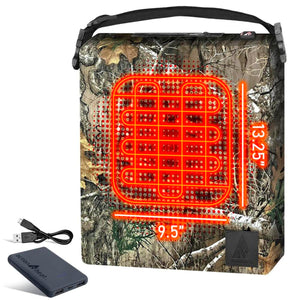 ActionHeat camo heated seat cushion with dimensions and battery pack