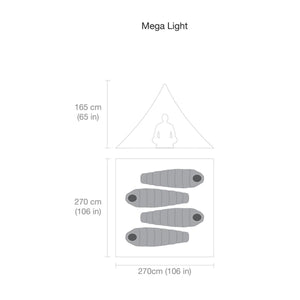 Black Diamond Mega Light tent dimension diagram showing height and floor space with four sleeping bags
