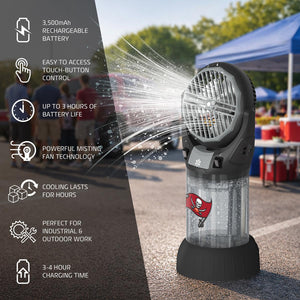 Alpha Cool misting fan with Tampa Bay Buccaneers logo and list of product features