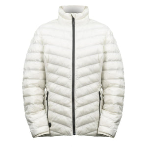 White quilted puffer jacket with a black front zipper and side pockets