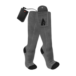Grey heated socks with battery pack and black heel and toe sections
