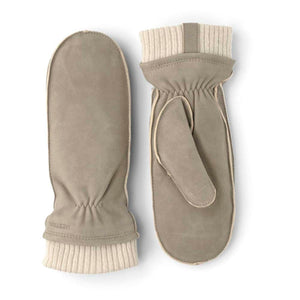 Hestra grey suede mittens with ribbed knit cuffs