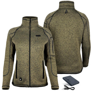 ActionHeat women fleece jacket in olive green with battery pack and charging cable