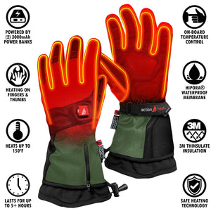 ActionHeat battery powered heated gloves with feature icons for temperature control and waterproof membrane