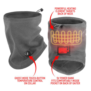 ActionHeat grey fleece neck gaiter showing heating element location power button and battery pocket