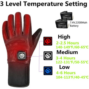 Red heated glove with three temperature settings and 7.4V battery specifications