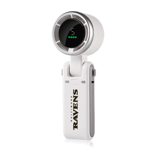 White handheld portable fan with Baltimore Ravens logo and digital battery display