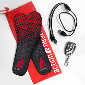 ActionHeat heated insoles with charging cable and remote control on a red drawstring bag