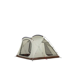 Dome style camping tent with beige canopy and brown base