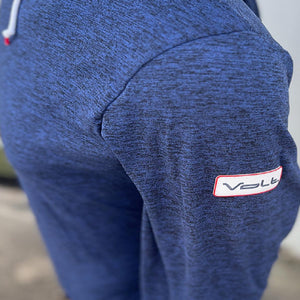 Blue heathered fabric sleeve with Volt Heat logo patch